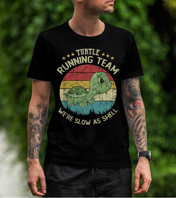 Turtle Running Team We're Slow As Shell Retro Stripes Cute Cartoon T-Shirt