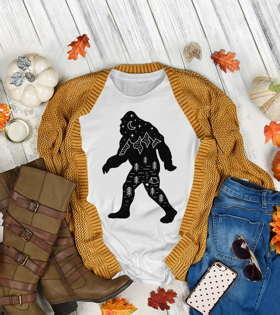 Bigfoot Sasquatch Hiking Under Night Sky with Trees and Tent T-Shirt