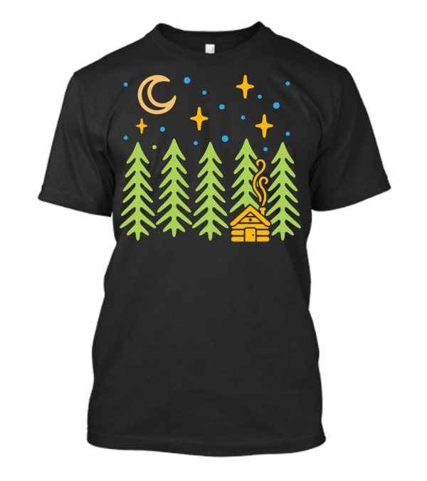 Cabin In The Woods Under Moonlit Forest Sky With Stars And Nature T-Shirt