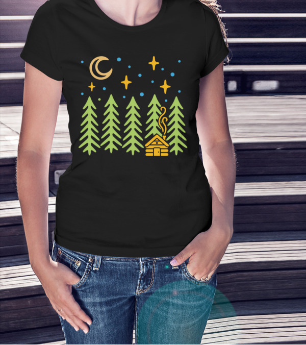 Cabin In The Woods Under Moonlit Forest Sky With Stars And Nature T-Shirt