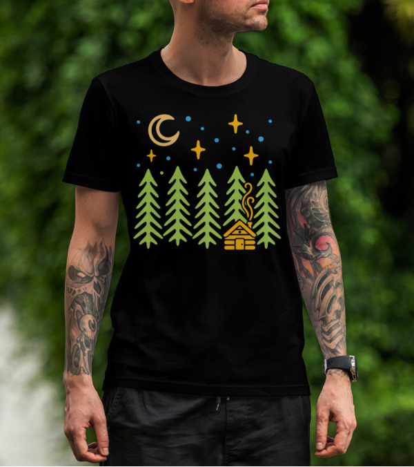 Cabin In The Woods Under Moonlit Forest Sky With Stars And Nature T-Shirt