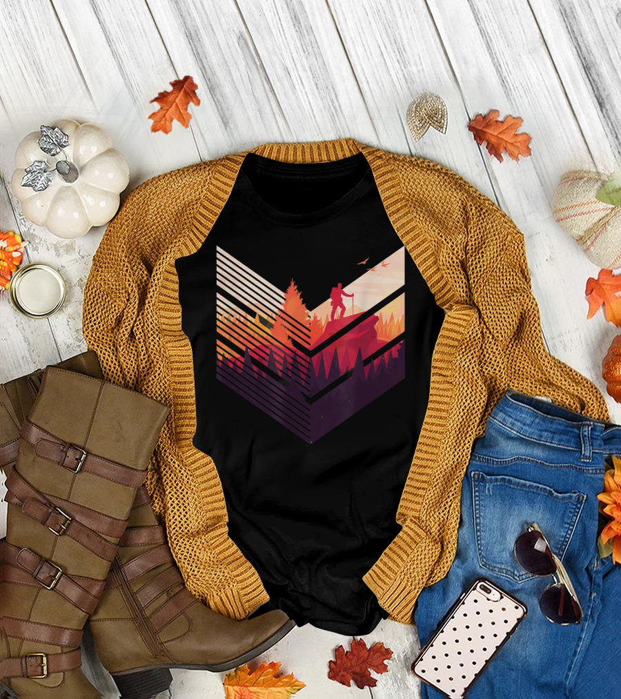 Colorful Hiking Adventure with Silhouetted Hiker in Vibrant Wilderness T-Shirt