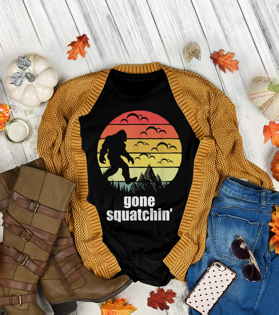 Funny Bigfoot Gone Squatchin Mountains Hiking Retro T-Shirt