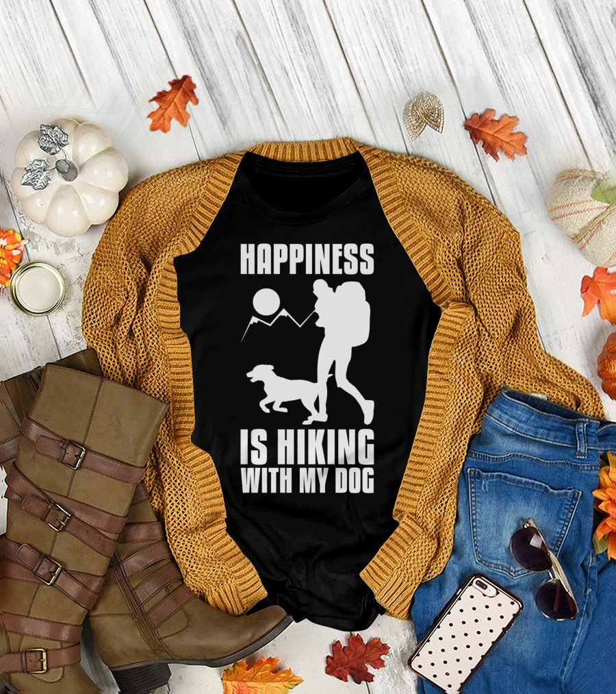 Happiness Is Hiking With My Dog Moon Mountain Walker Dog Lover Hiking T-Shirt