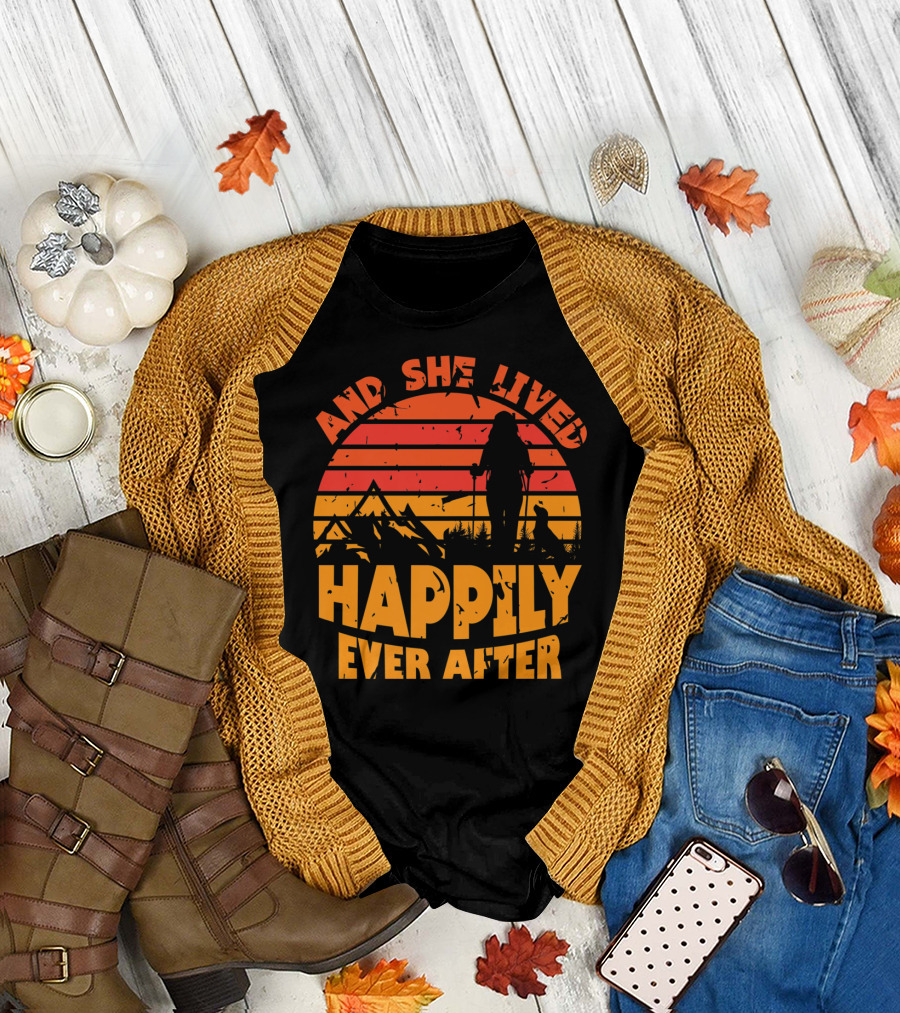 And She Lived Happily Ever After Hiking Silhouette and Sunset Mountains T-Shirt