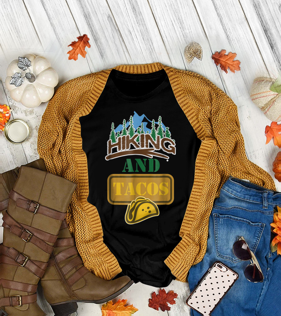 Hiking And Tacos Forest Adventure with Mountain and Taco Icons T-Shirt