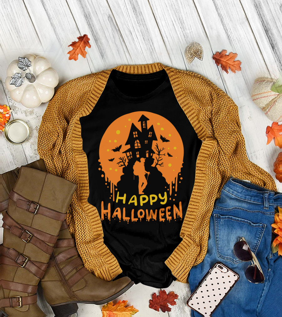 Happy Halloween Haunted House Hiking Bats Moon T-Shirt