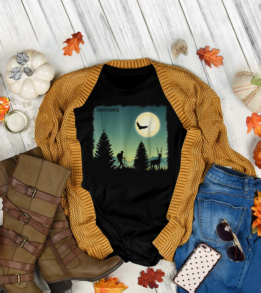 I Hate People Hiking Camping Silhouette with Deer and Full Moon T-Shirt