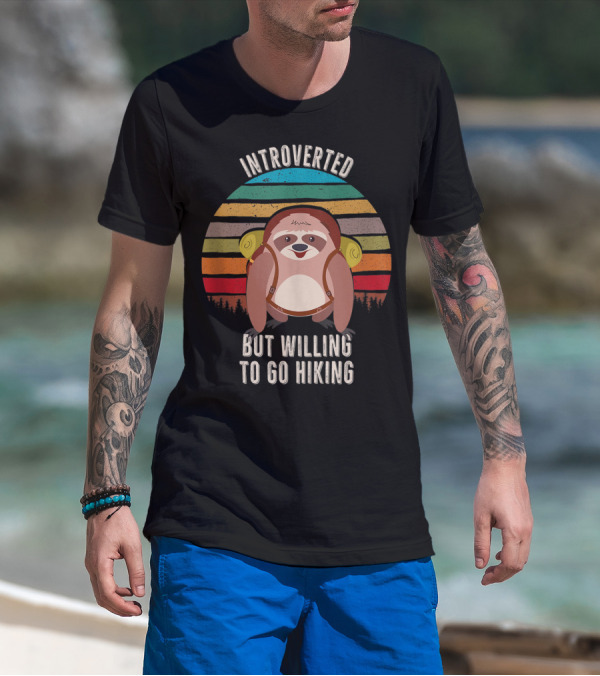 Introverted But Willing To Go Hiking Sloth Retro Stripes T-Shirt