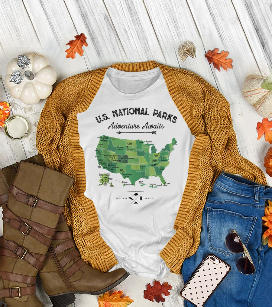 U.S. National Parks Map Adventure Awaits Vintage Camping T-Shirt