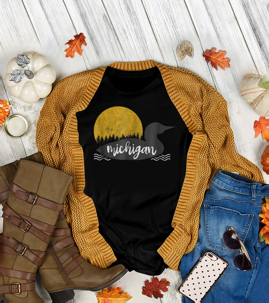 Retro Michigan Vintage Loon with Forest and Sun Camping Hiking T-Shirt