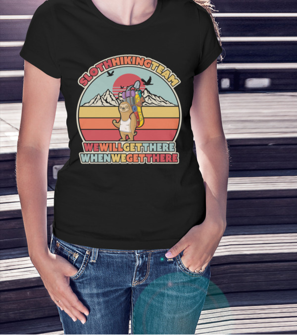 Sloth Hiking Team We Will Get There When We Get There Retro Sunset Mountains T-Shirt