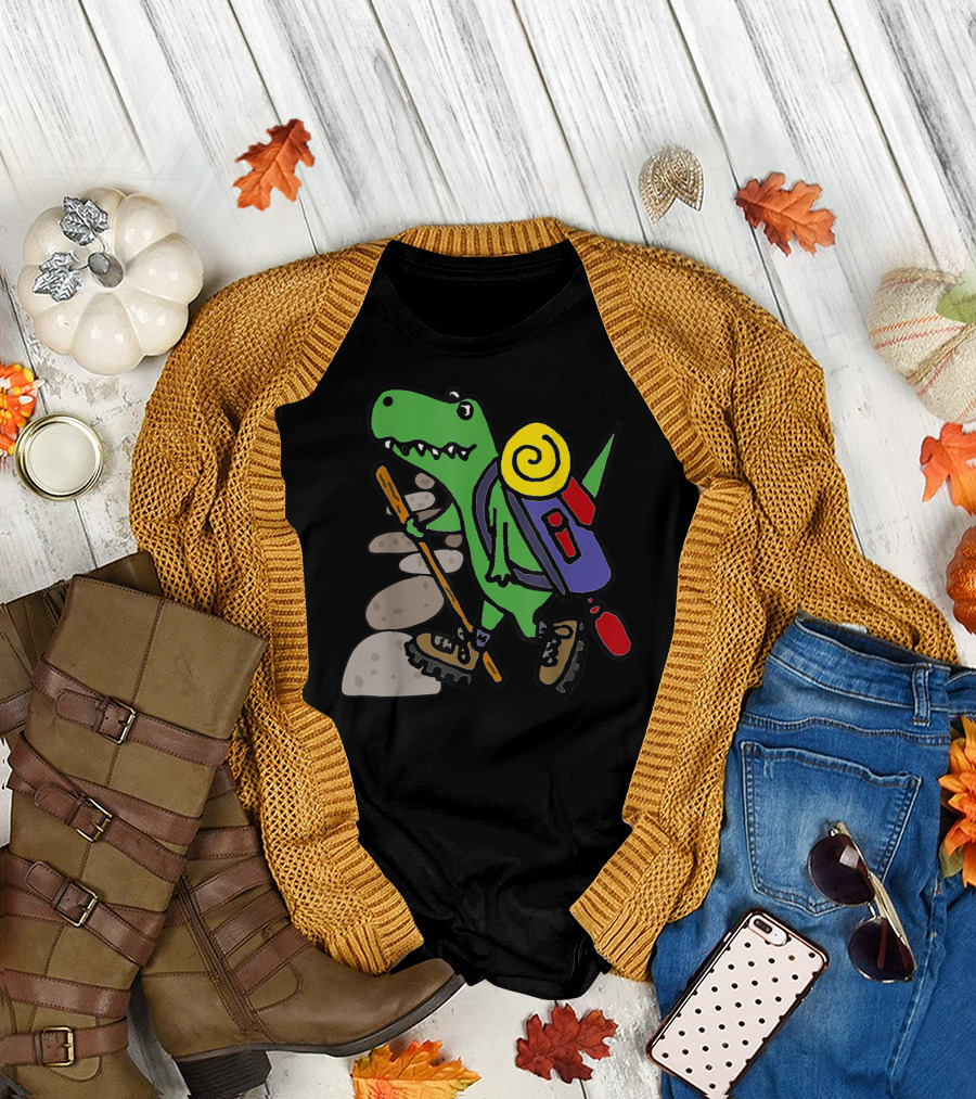 Smilessports Funny T-Rex Hiking Cartoon Dinosaur with Backpack and Stick T-Shirt