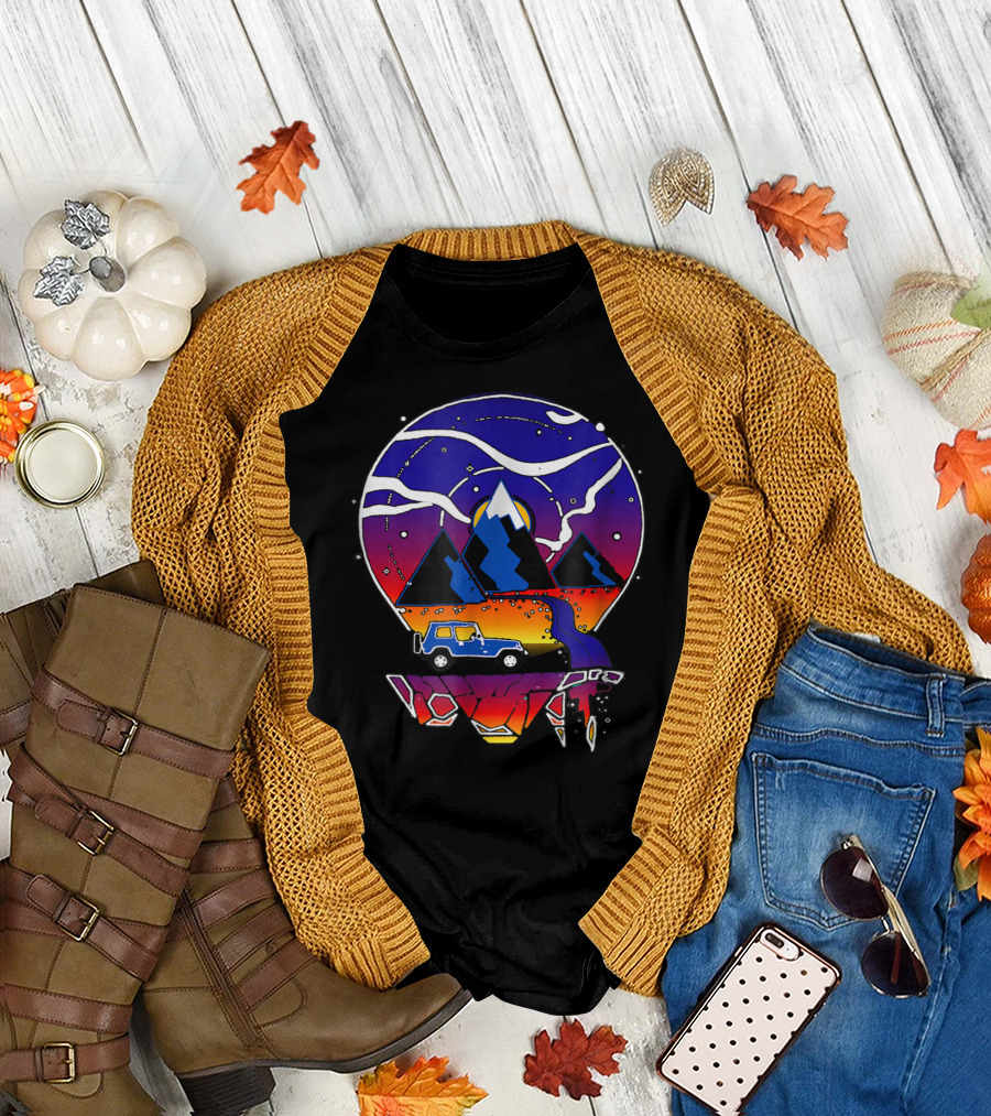 Sunset Mountain Adventure with Jeep and Hiking Scene T-Shirt