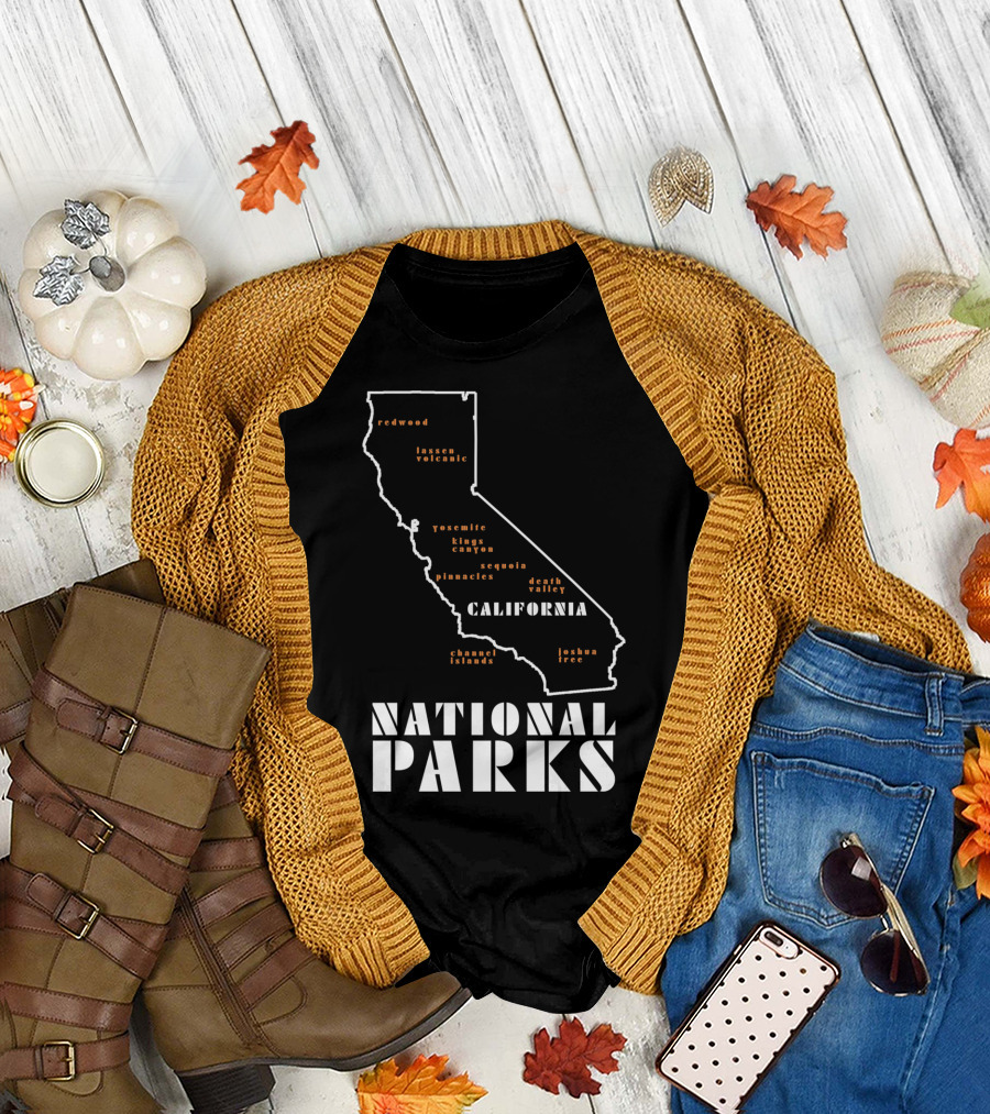 California National Parks Map Featuring Redwood Yosemite Joshua Tree and More T-Shirt