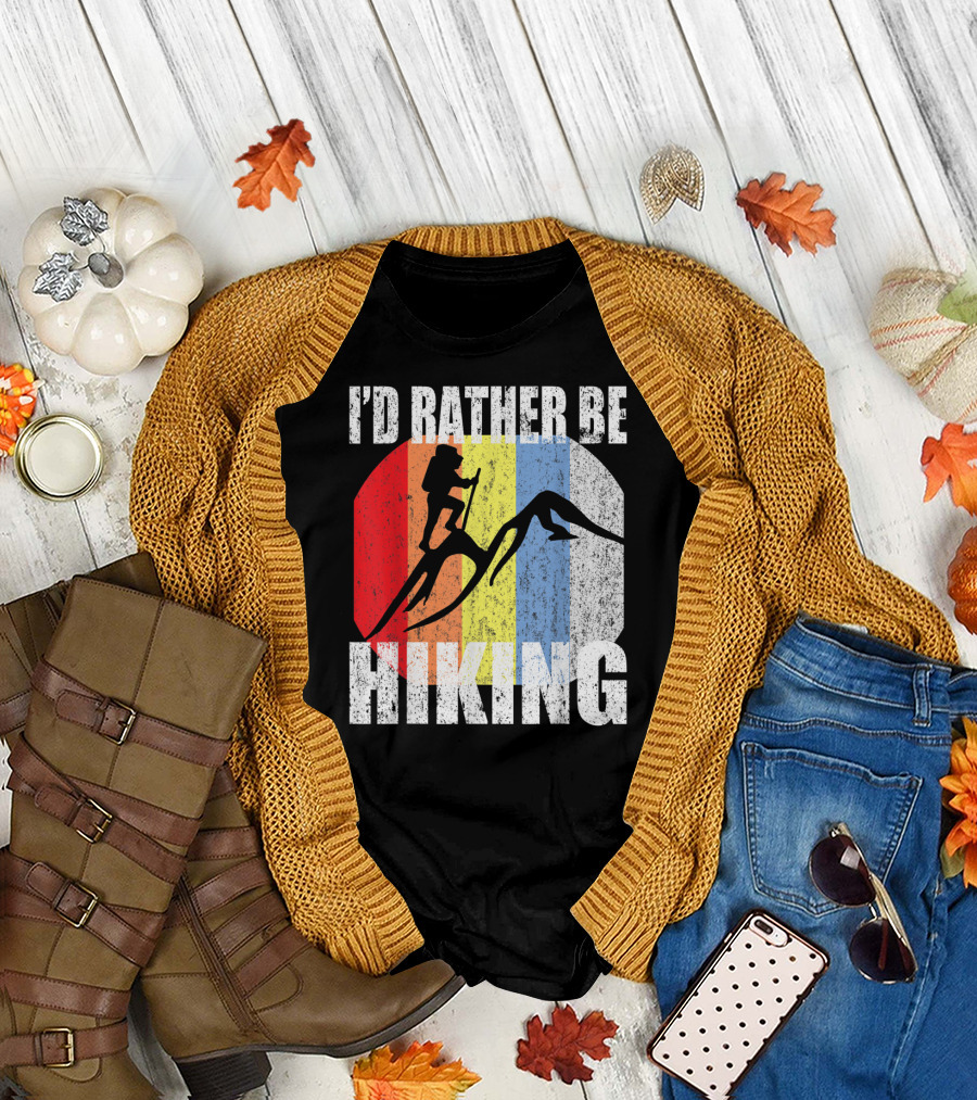 I'D RATHER BE HIKING Vintage Hiking Retro Stripes Mountain Climber T-Shirt