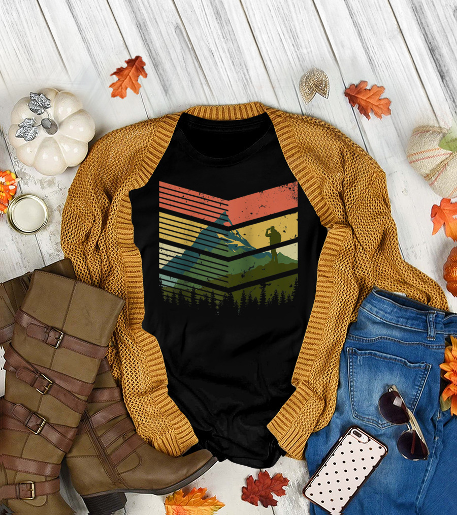 Vintage Mountaineer Hiking Mountain Silhouette Retro Forest Scene T-Shirt