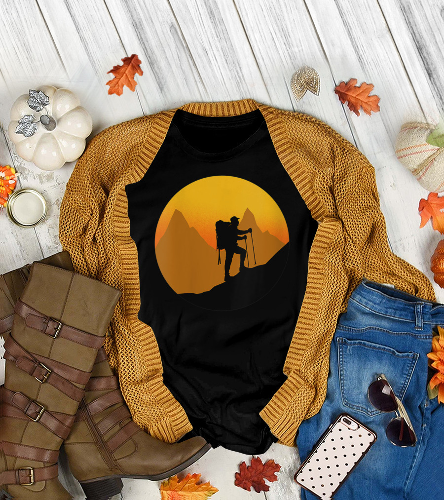 Hiking Walker And Hiker Sunset Mountain T-Shirt