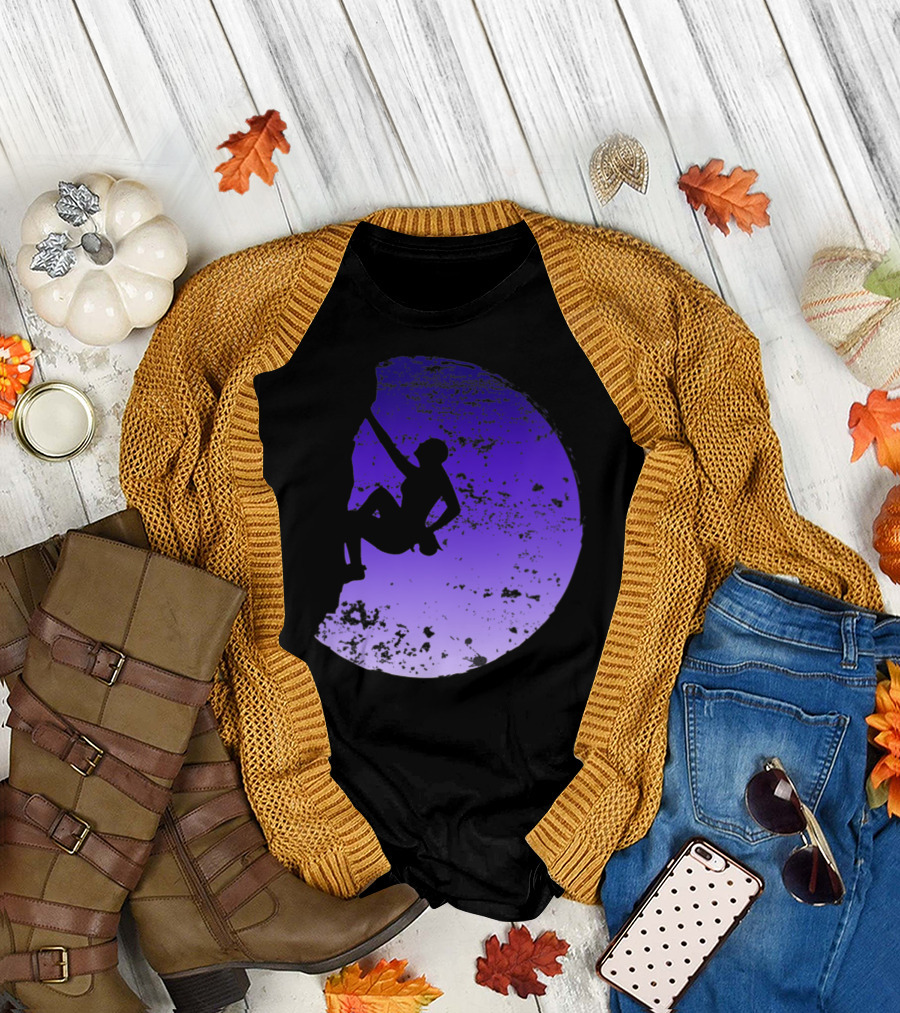 Rock Climbing Mountain Climber Silhouette Against Moonlit Sky T-Shirt