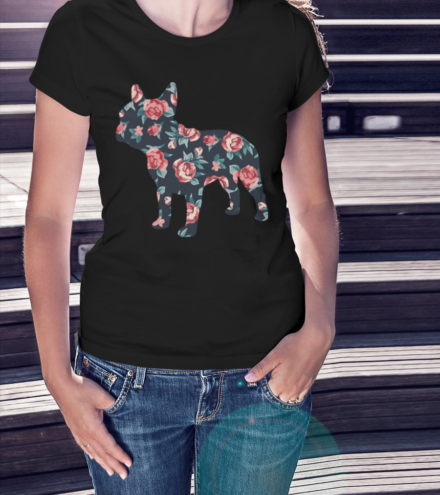 French Bulldog Floral Roses Motif T-Shirt