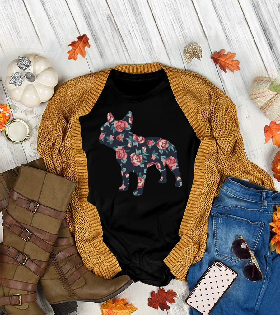 French Bulldog Floral Roses Motif T-Shirt