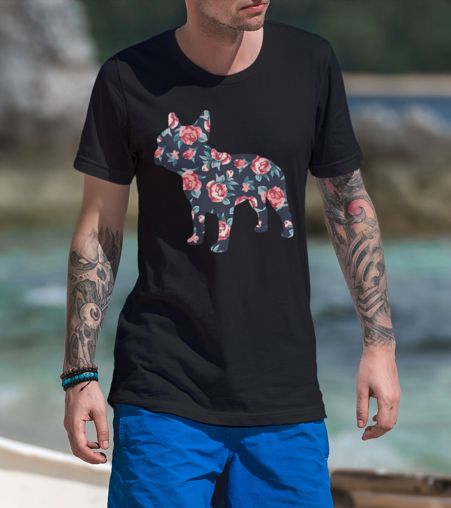 French Bulldog Floral Roses Motif T-Shirt
