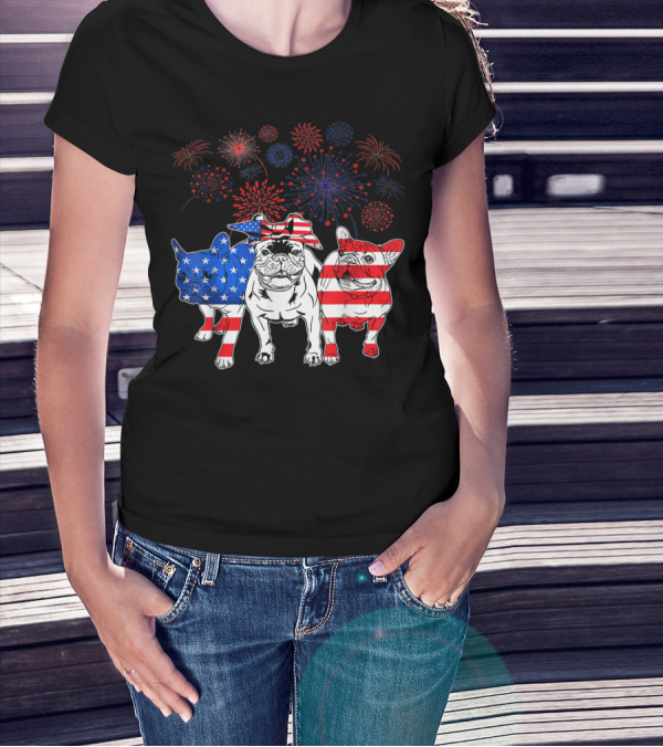 Frenchie American Flag Fireworks 4th Of July T-Shirt