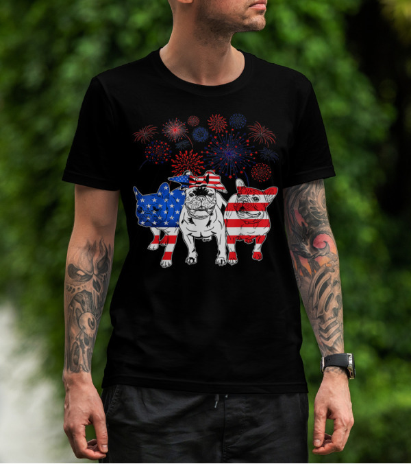 Frenchie American Flag Fireworks 4th Of July T-Shirt