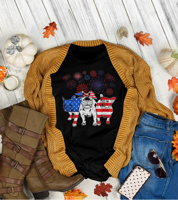 Frenchie American Flag Fireworks 4th Of July T-Shirt
