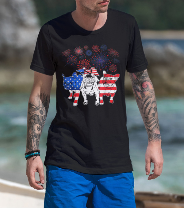 Frenchie American Flag Fireworks 4th Of July T-Shirt