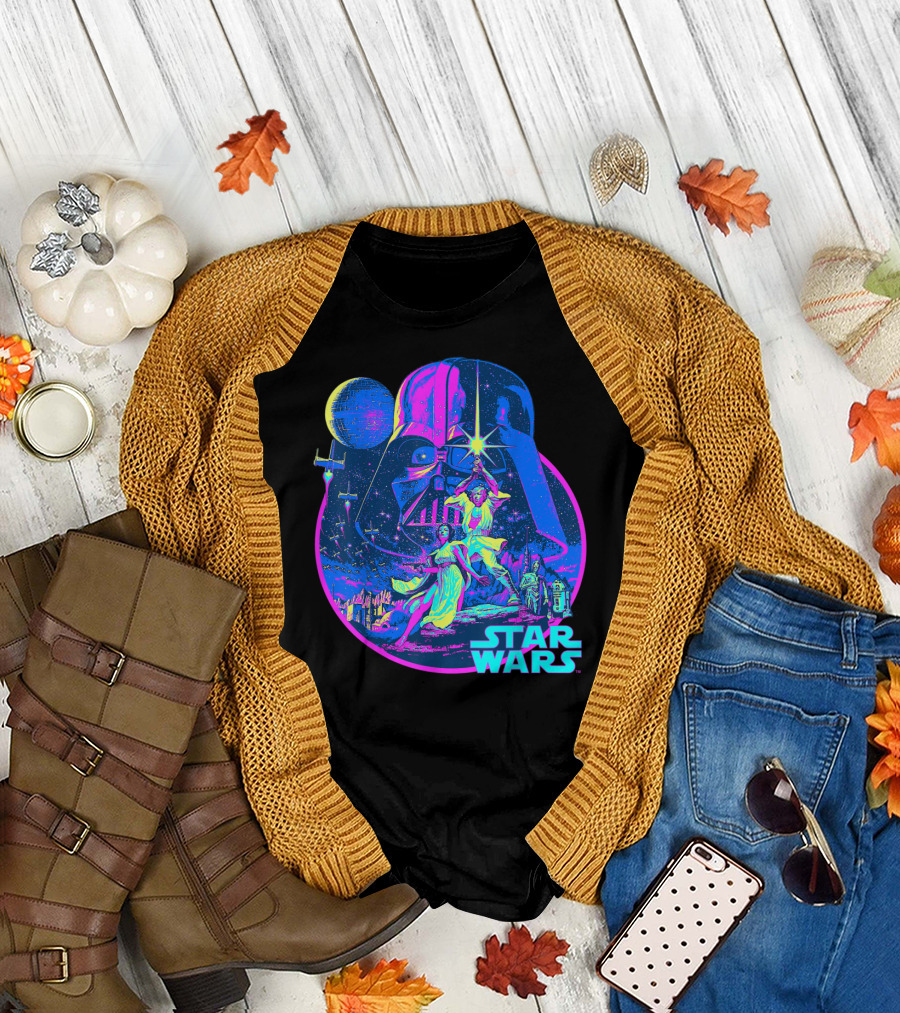 Star Wars Vibrant Neon Vader Luke Leia Retro Scene T-Shirt
