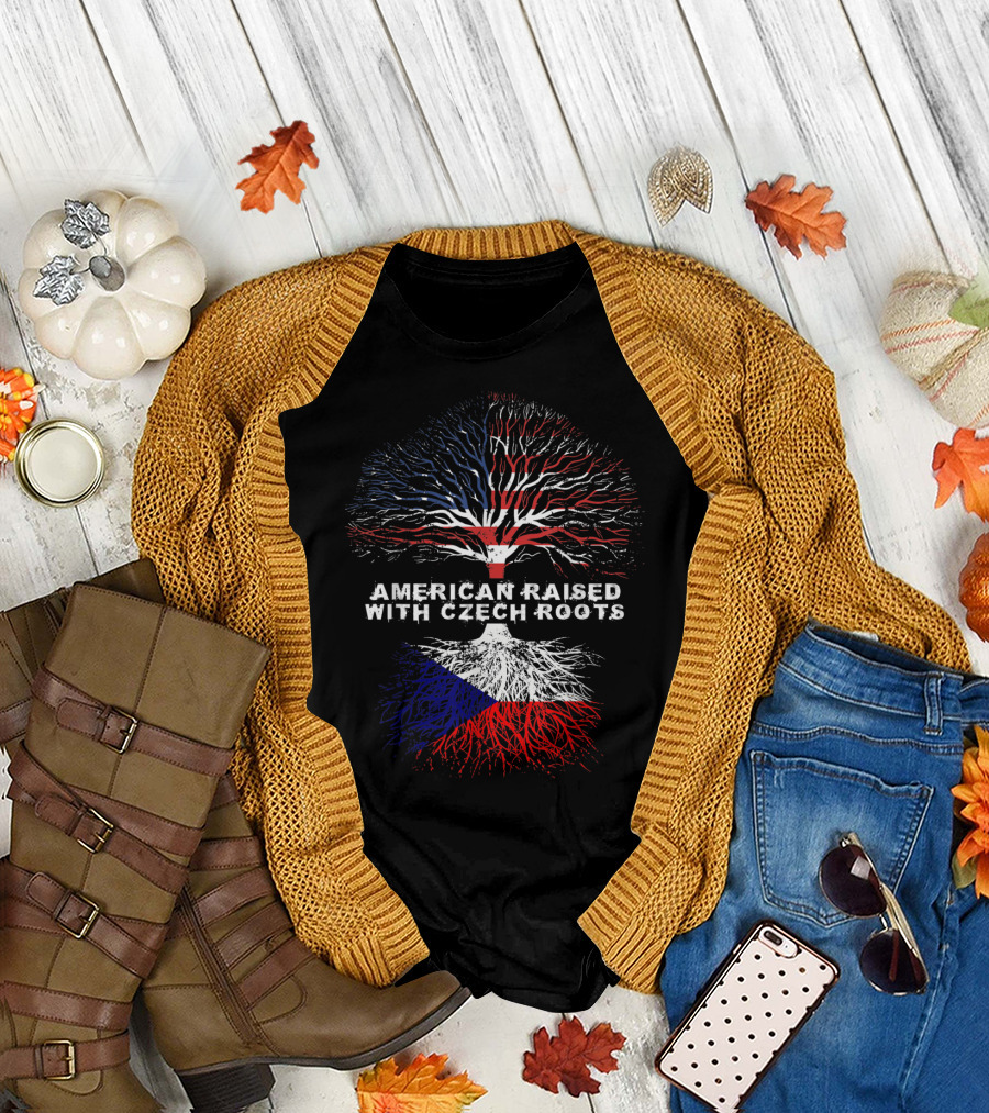 American Raised With Czech Roots Patriotic Tree Flag T-Shirt