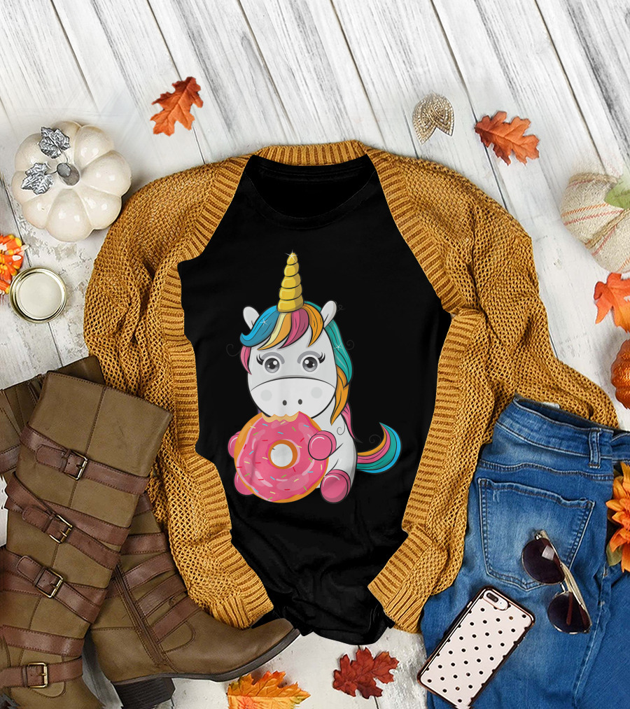 Unicorn Eating Donuts Funny Fashion T-Shirt