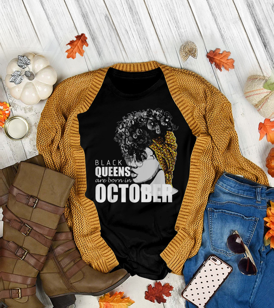 Black Queens Are Born In October Vintage Afro Hair Girl T-Shirt