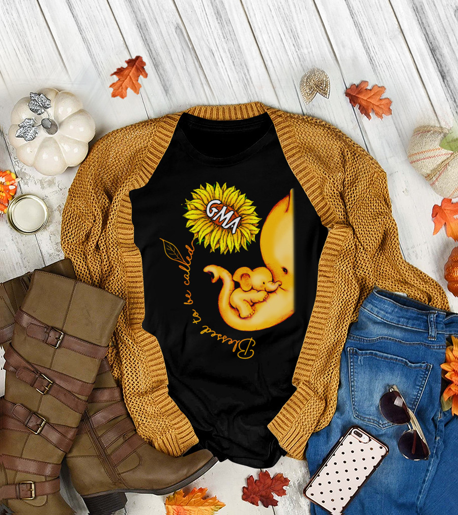 Blessed to Be Called Gma Sunflower Elephant with Cozy Baby Hugging T-Shirt