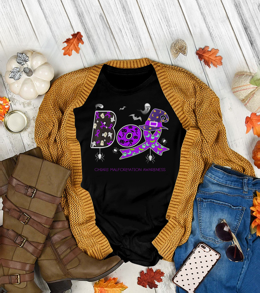 Boo Chiari Malformation Awareness Purple Ribbon Halloween Theme with Ghosts and Witch Hat T-Shirt