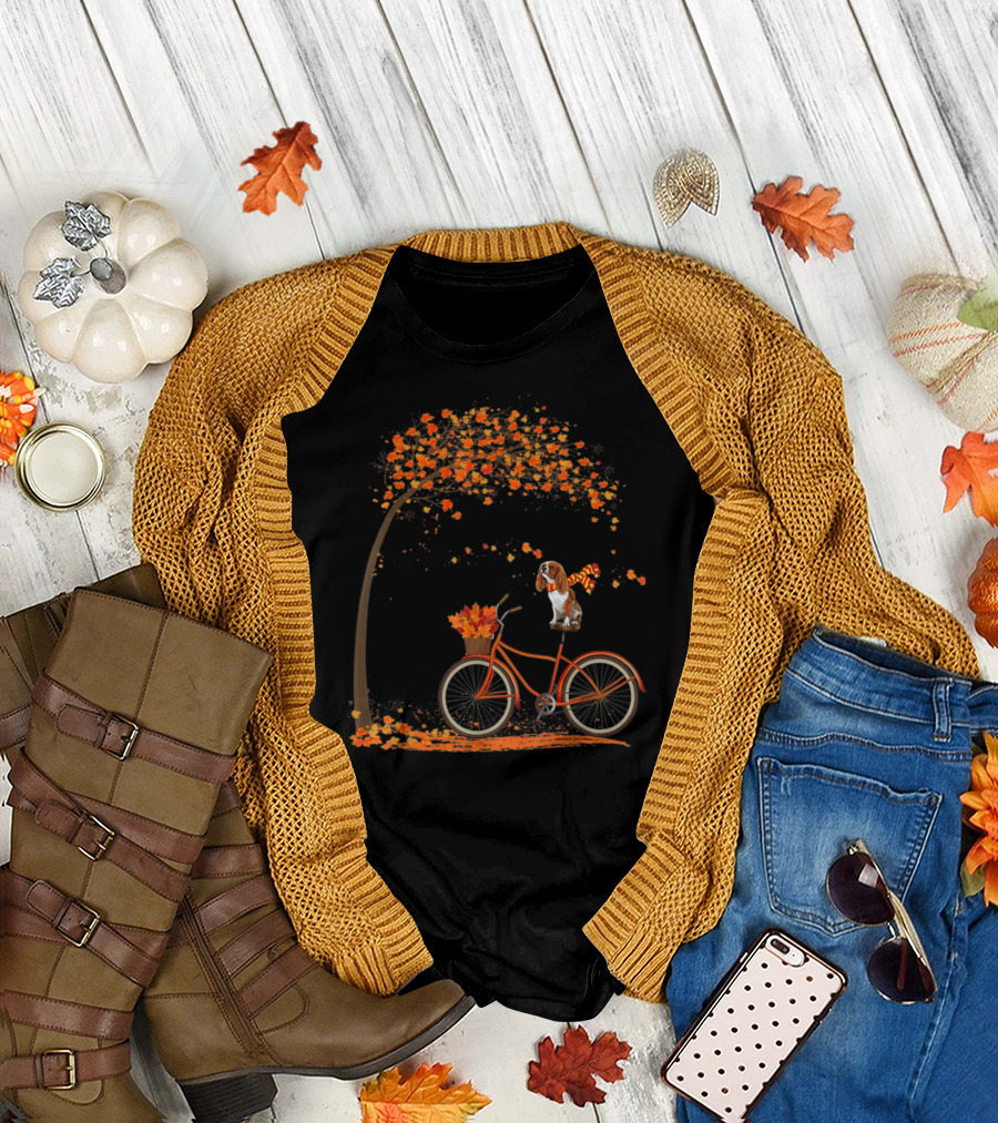 Cavalier King Charles Spaniel Riding Bicycle Under Fall Tree T-Shirt