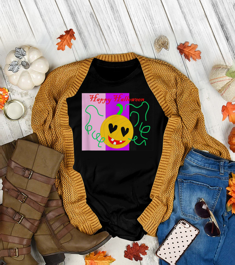 Happy Halloween Color Block Pumpkin Hearts T-Shirt