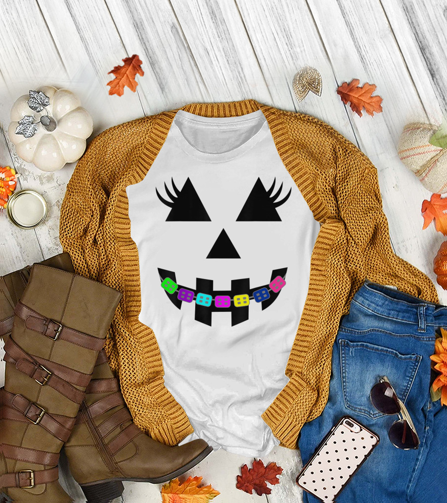 Halloween Pumpkin Face with Colorful Braces for Orthodontist T-Shirt