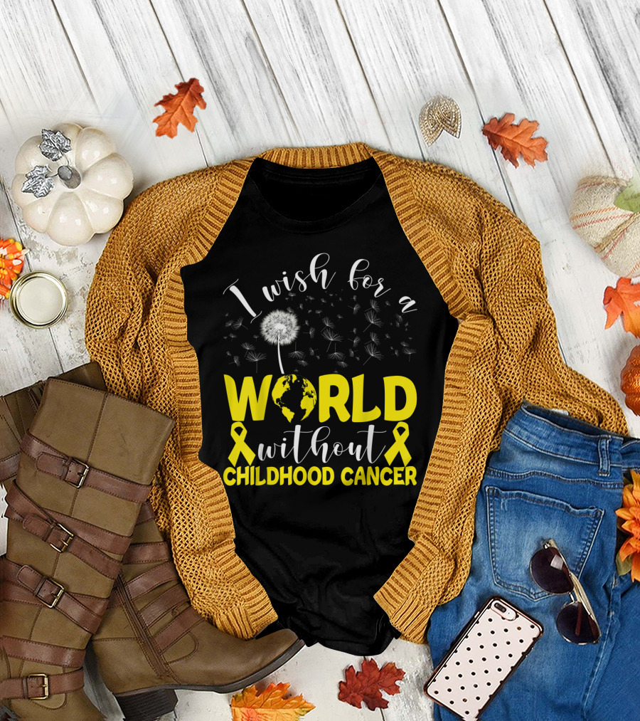I Wish for a World Without Childhood Cancer Yellow Ribbon Dandelion September Survivor T-Shirt