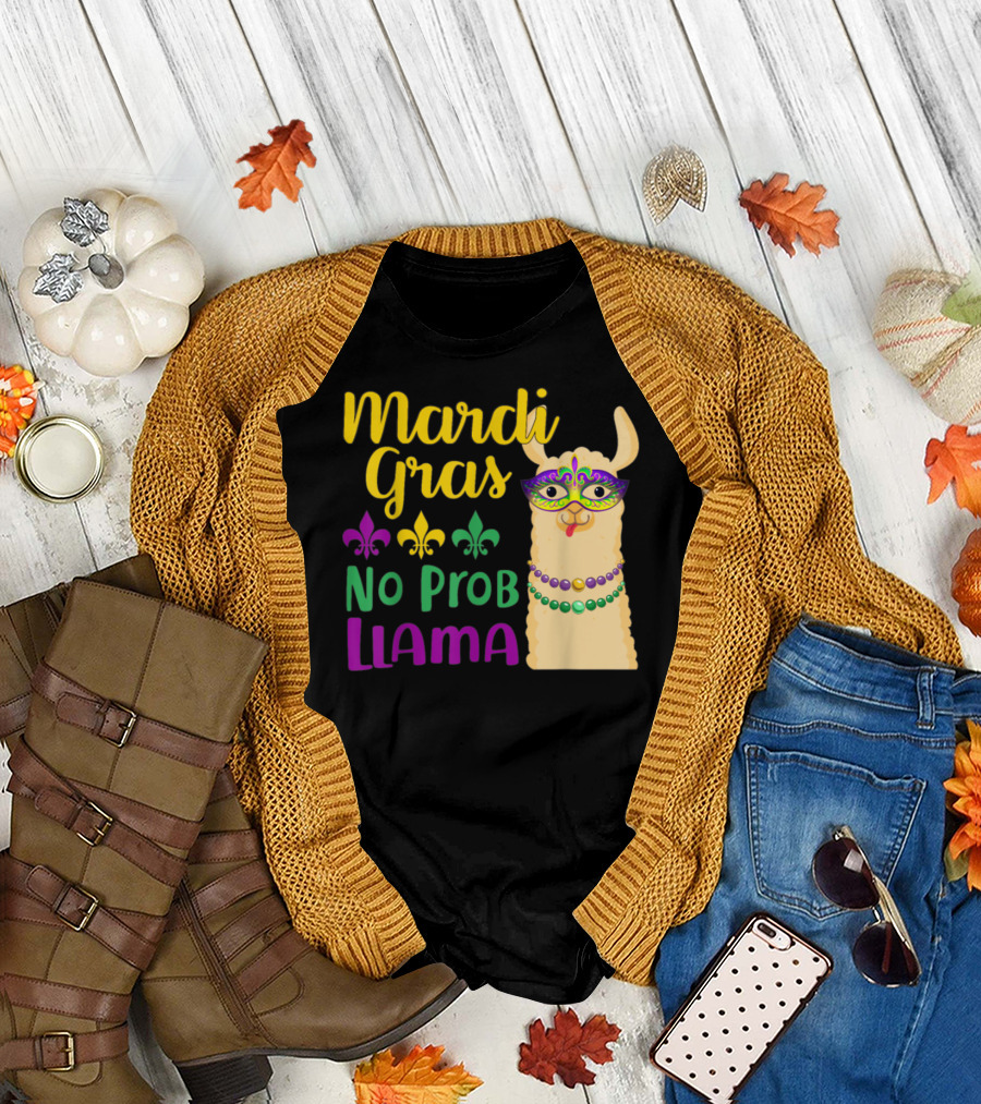 Mardi Gras Llama No Probllama Llama with Mask and Beads Fleur de Lis T-Shirt