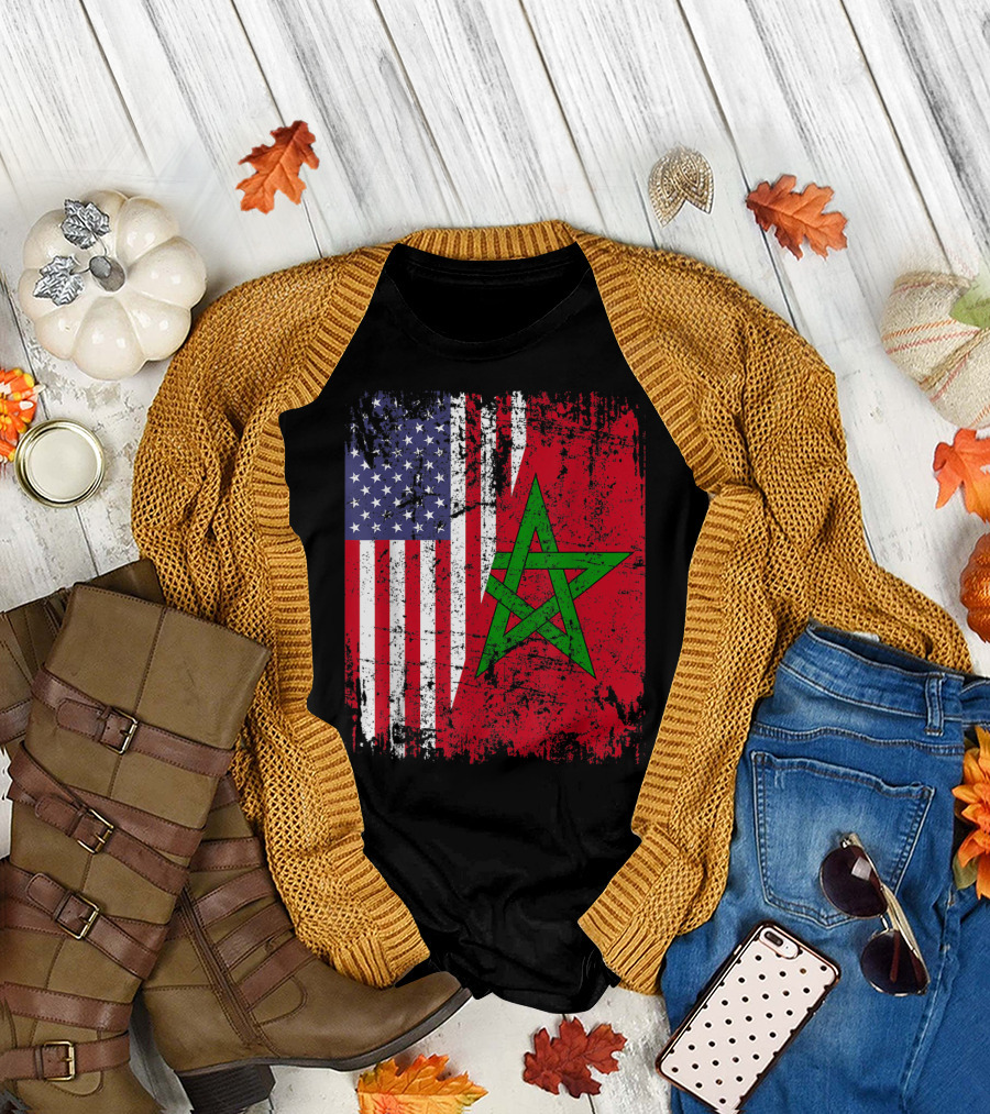 MOROCCAN ROOTS Half American Flag Morocco Flag T-Shirt