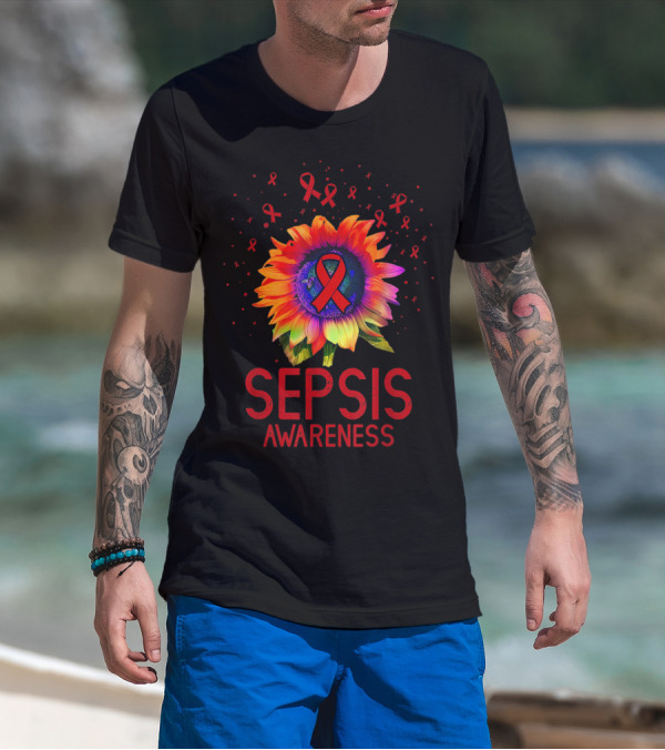 Sepsis Awareness Sunflower Ribbon Symbol With Red Accents T-Shirt