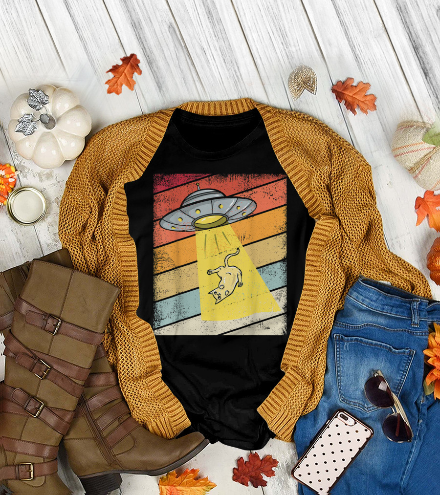 Retro UFO Beaming Up Cat Alien on Vintage T-Shirt