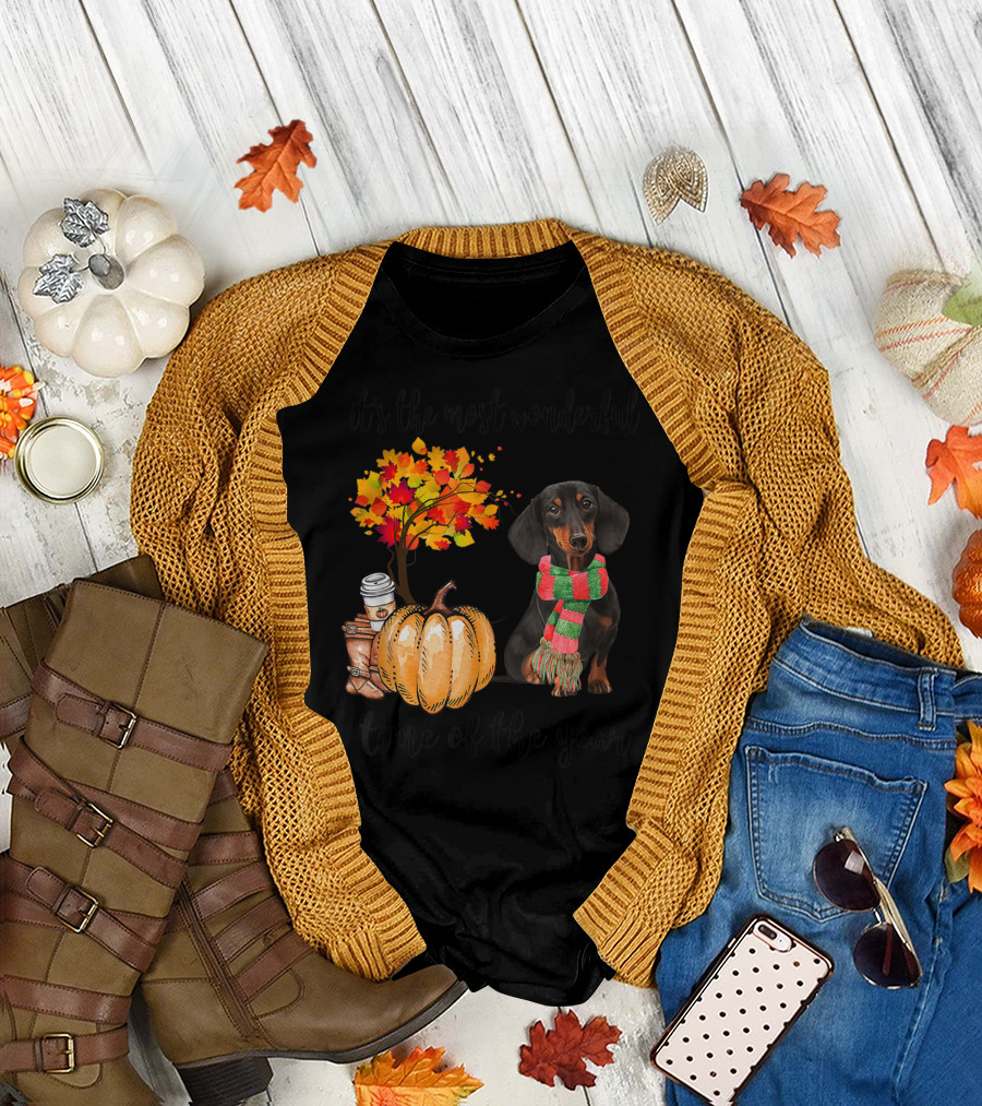 It's the Most Wonderful Time Dachshund Dog Autumn Fall Maple Pumpkin T-Shirt