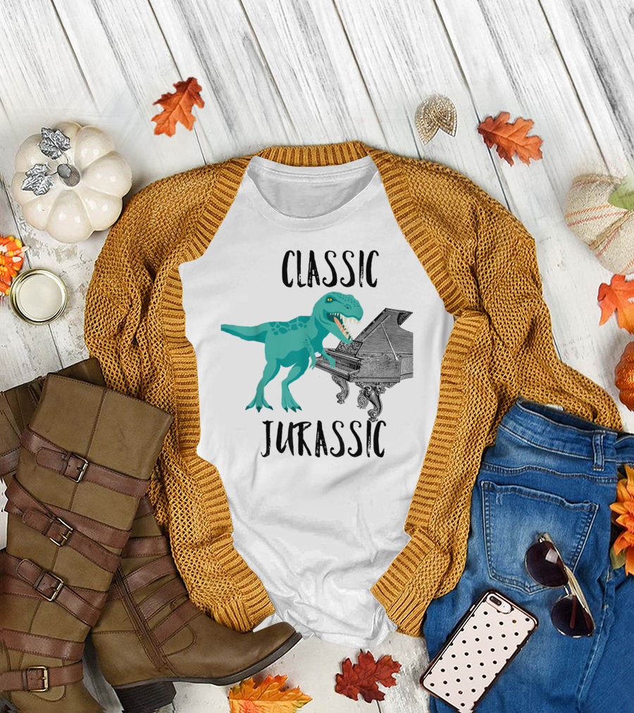 Classic Jurassic Dinosaur Playing Piano T-Shirt