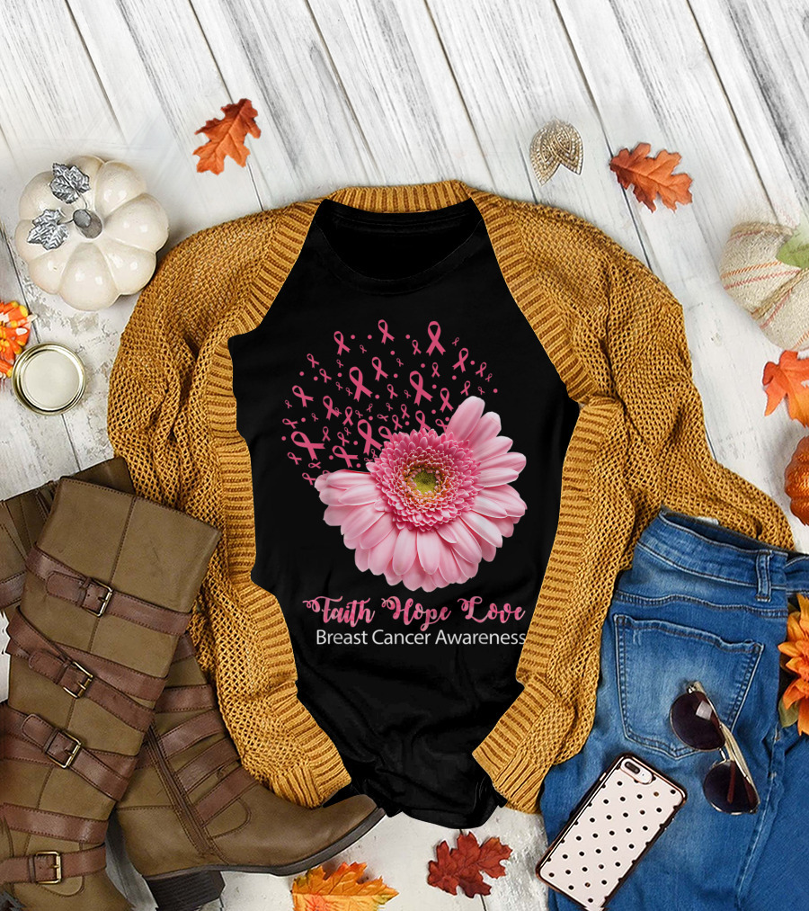 Faith Hope Love Breast Cancer Awareness Ribbon Daisy Flower T-Shirt