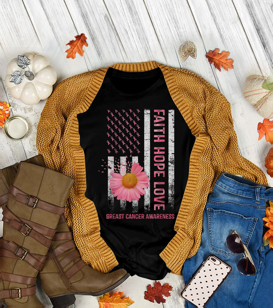 Faith Hope Love Pink Daisy Flower American Flag Breast Cancer Awareness T-Shirt