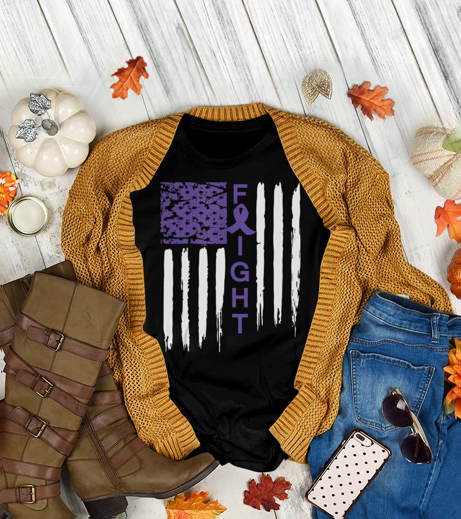 Fight Alzheimer's Awareness Support Purple Ribbon American Flag T-Shirt