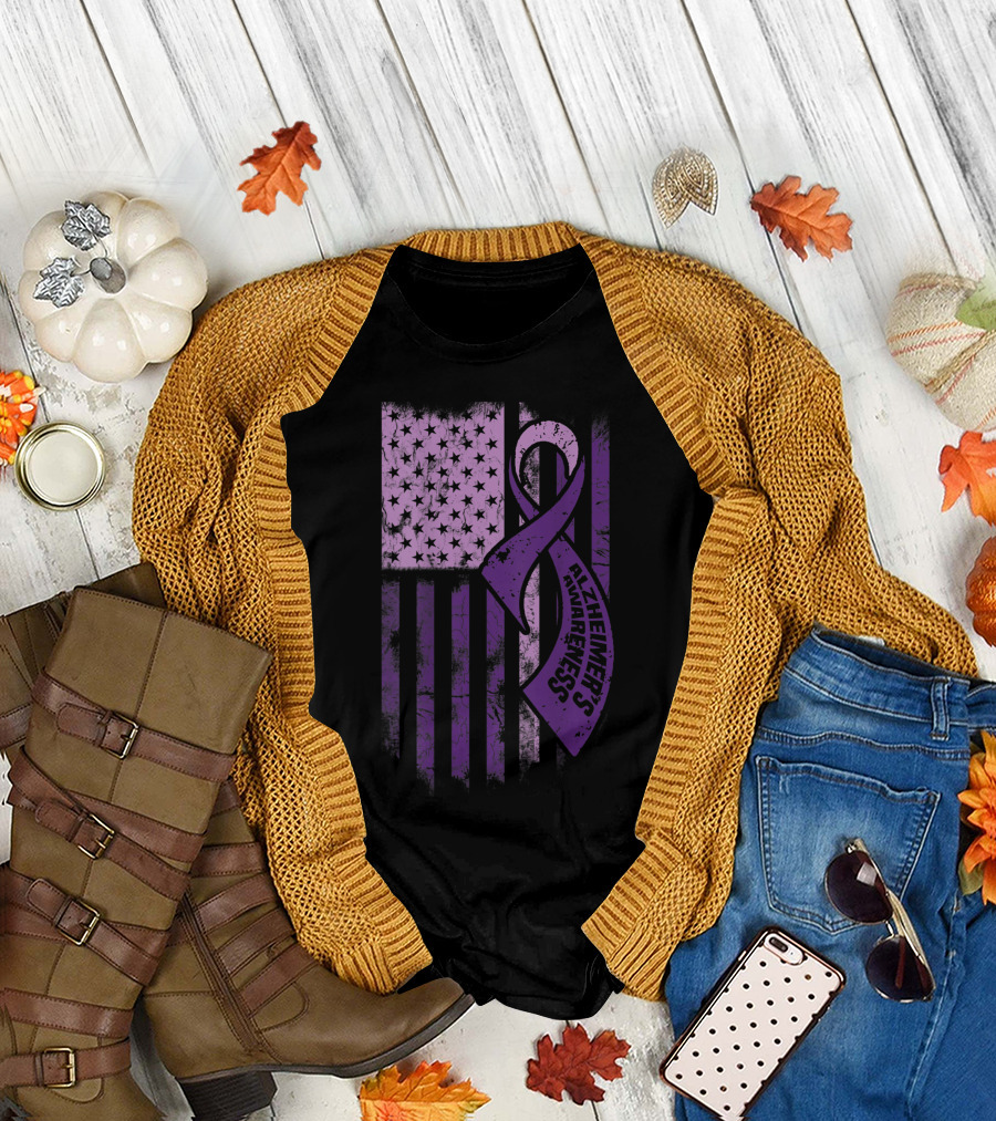 Purple Ribbon Alzheimer's Awareness with American Flag T-Shirt
